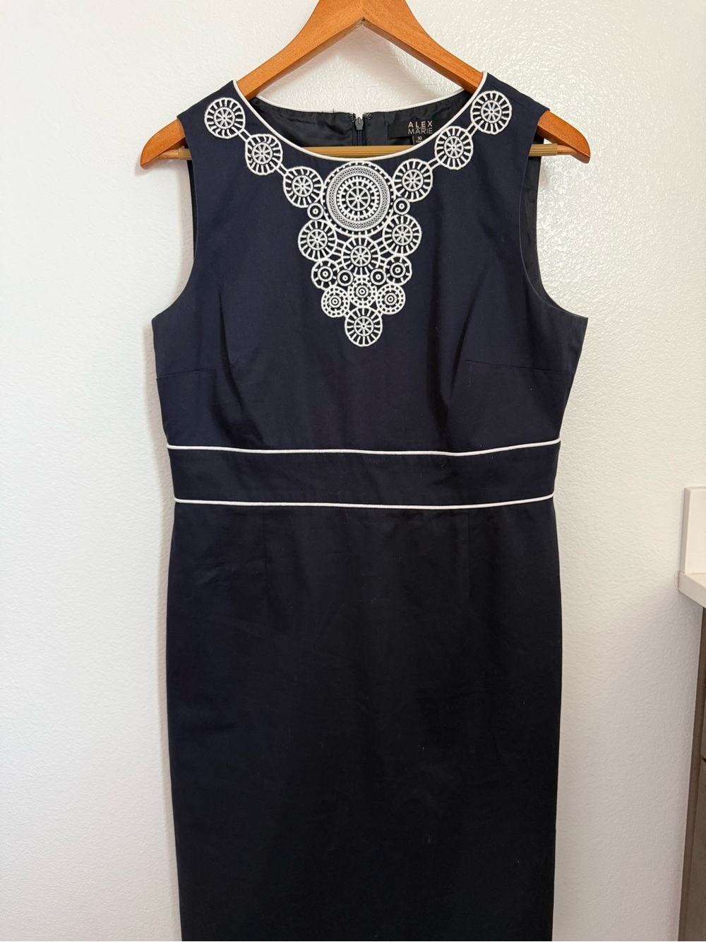 Alex Marie Navy Sheath Dress with White Crochet Detail